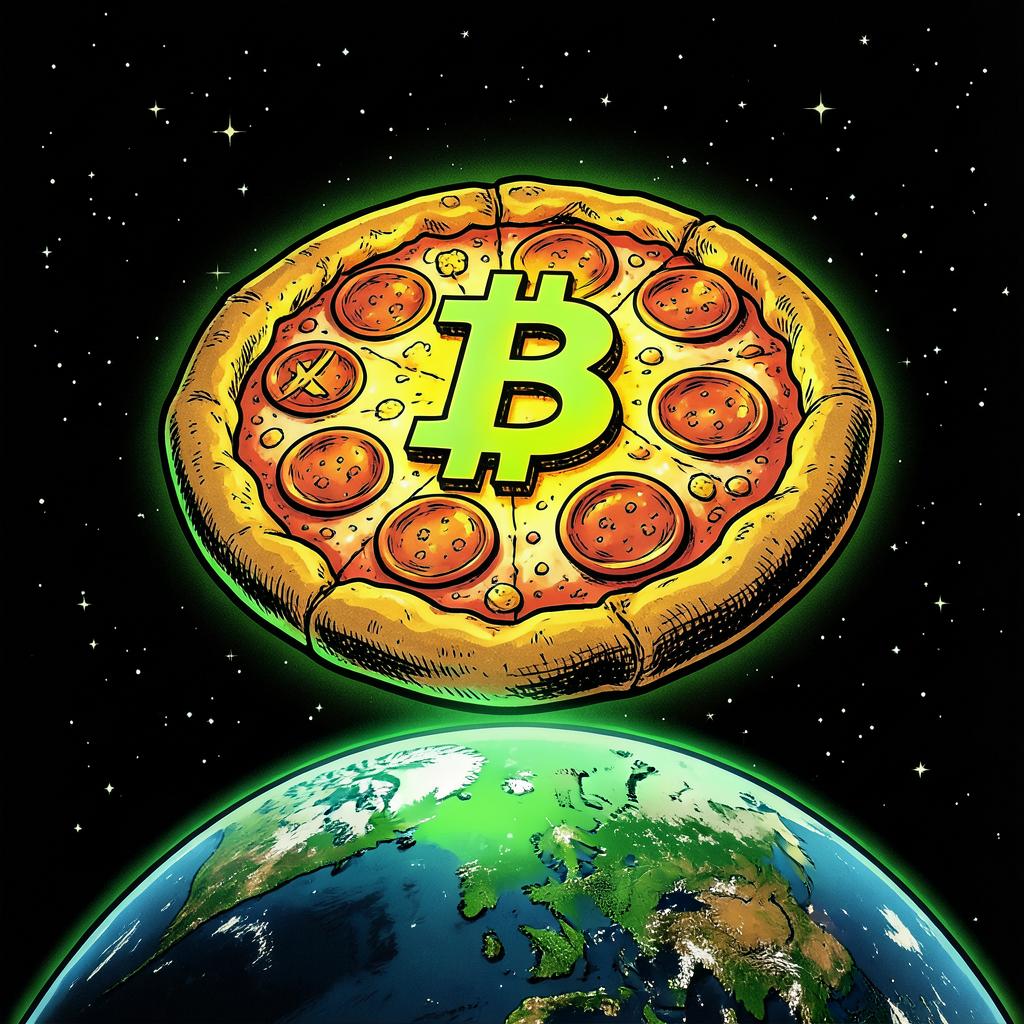 Bitcoin pizza floating above earth