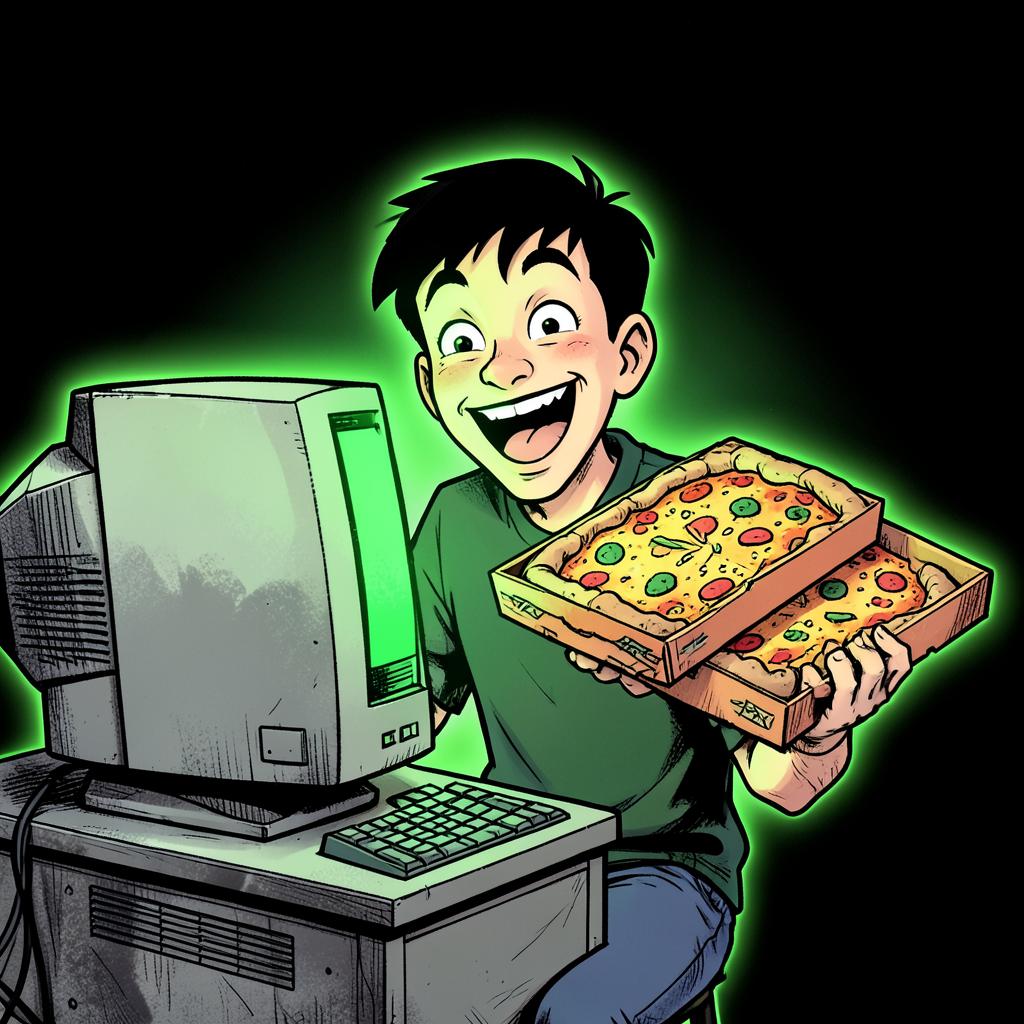 2010 programmer holding two pizza boxes