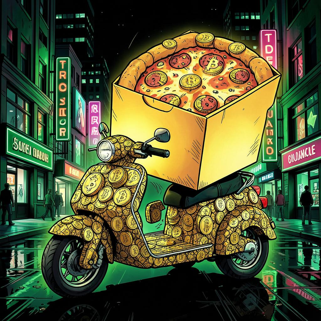 Bitcoin coin scooter delivering a glowing pizza