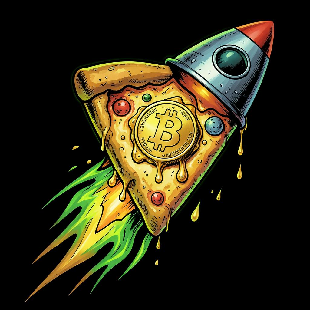Pizza slice rocket with bitcoin coin